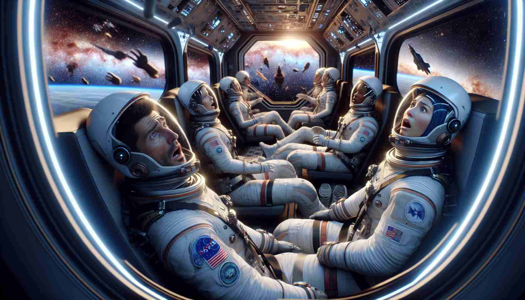 An exceptionally realistic high-definition depiction of an unplanned adventure into space. The scene portrays a diverse group of stunned astronauts, including a Caucasian male, a Hispanic female, a Middle-Eastern individual with gender undefined, suddenly finding themselves floating in the weightless environment of a spacecraft's cabin. Outside the windows, the breathtaking view of galaxies, stars, and planets offer a sense of vastness and beauty. Their uniforms, helmets, and the high-tech interior of the spacecraft accurately represent the modern aesthetic of space travel.