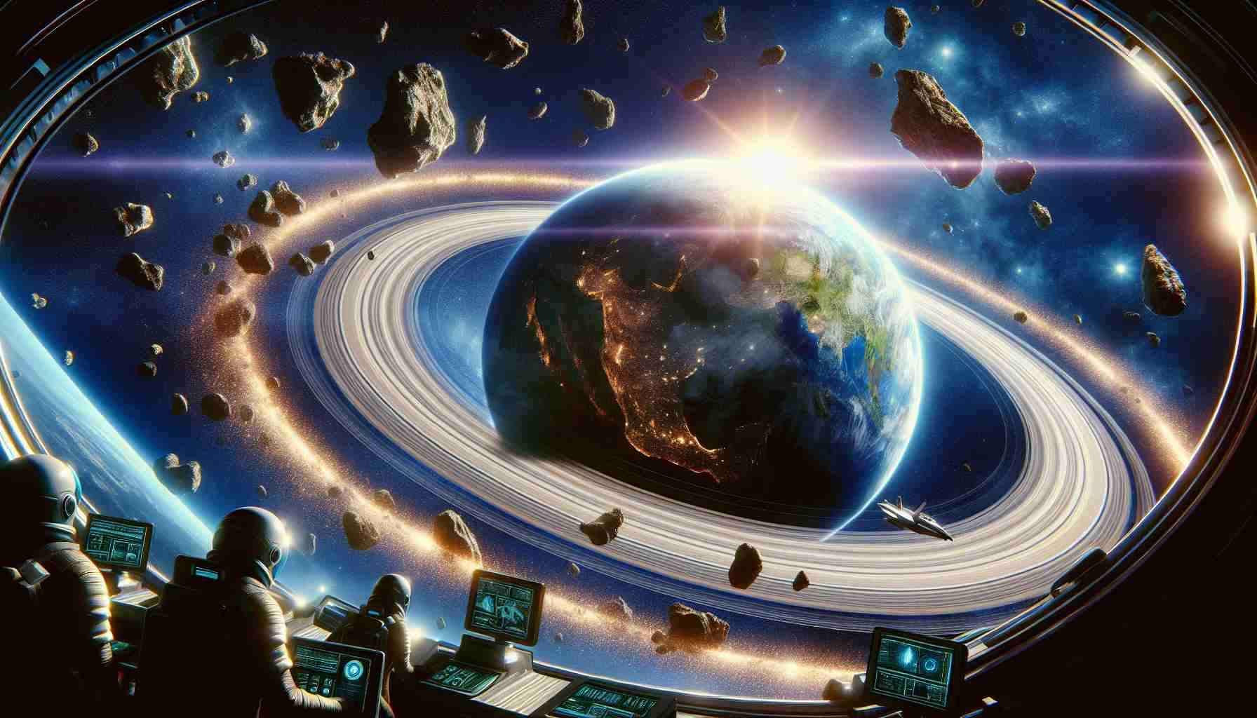 A vibrantly realistic and high-definition depiction of the discovery of an ancient ring system surrounding Earth. In the vastness of space, Earth is on the view, its surface visible with blue oceans and green landmasses. Encircling the planet are remnants of an ancient ring system, made of dust and rocks, lit beautifully by the sunlight. Scientists, of various descents and genders, in a spaceship, explore the ring's composition through advanced astronomical equipment. Stars and other celestial bodies add to the mystery and grandeur of the scene.