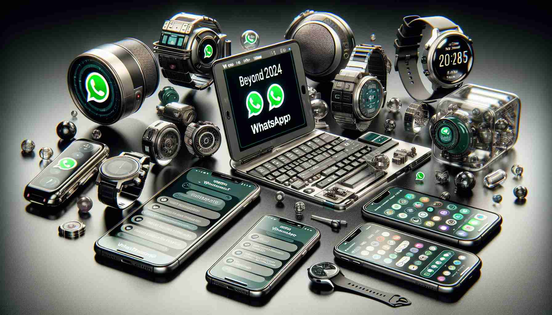 A highly detailed, realistic rendering of a future scenario beyond 2024 where mobile devices are significantly affected by WhatsApp's changes. These include altered user interfaces, features, and functionalities. There can be varying mobile devices such as smartphones, tablets, and watches displaying updated versions of WhatsApp, showcasing new icons, distinctive modifications in chat layouts, or revamped notification systems. Let the devices look sleek and futuristic, hinting at technological advancements over the years.