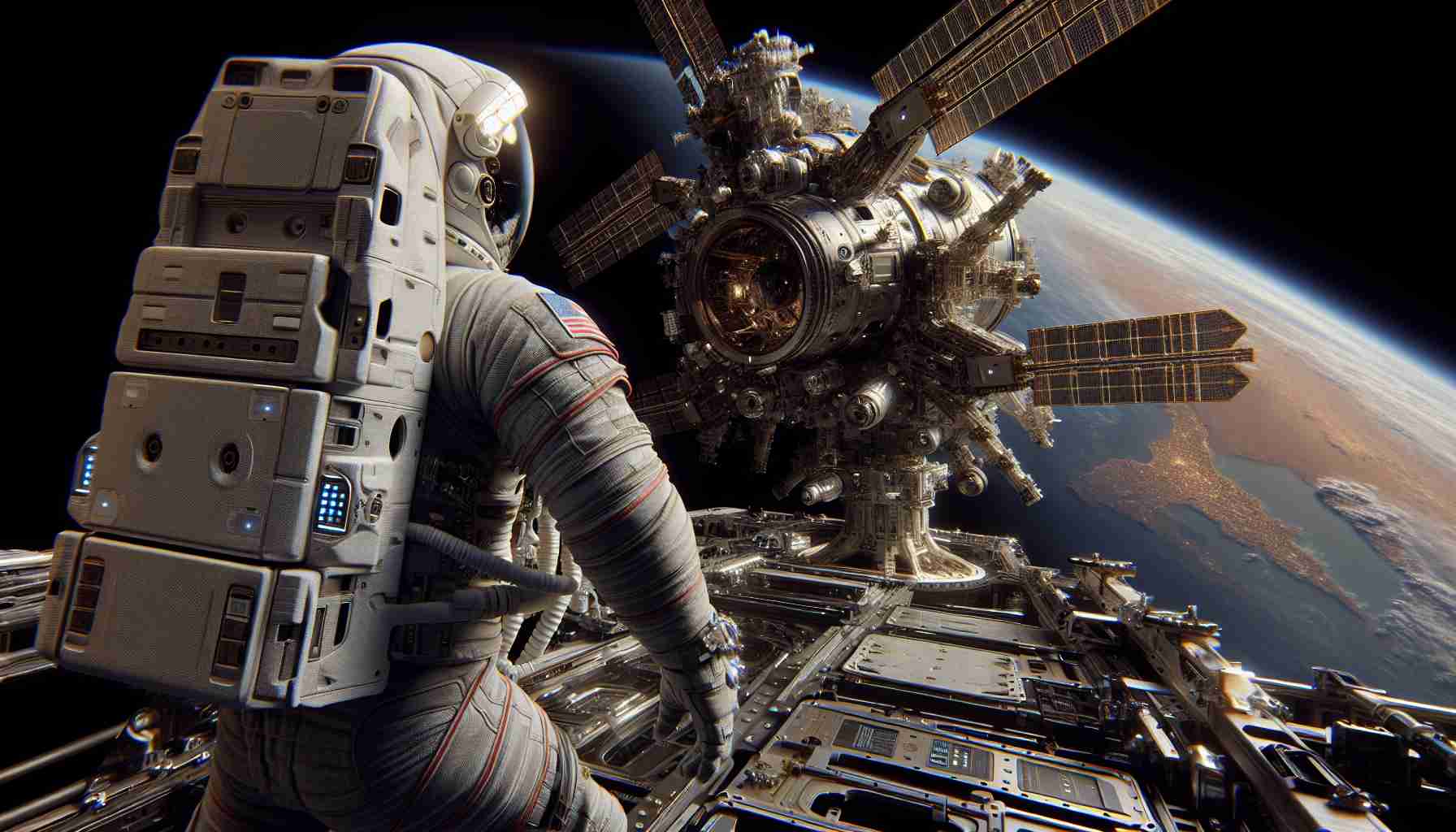 Depict a high-definition, realistic image of a historic scene: the first private spacewalk, which was delayed by a technical glitch. In the foreground, an astronaut of Hispanic descent, dressed in a modern space suit, is preparing to embark on a spacewalk from a private spacecraft. There is a sense of mild frustration and delay, possibly due to a malfunctioning equipment. The spacecraft is technologically advanced, with numerous digital panels and complex Kevlar structures. The earth can be seen in the backdrop, providing a stark contrast against the jet black void of space.