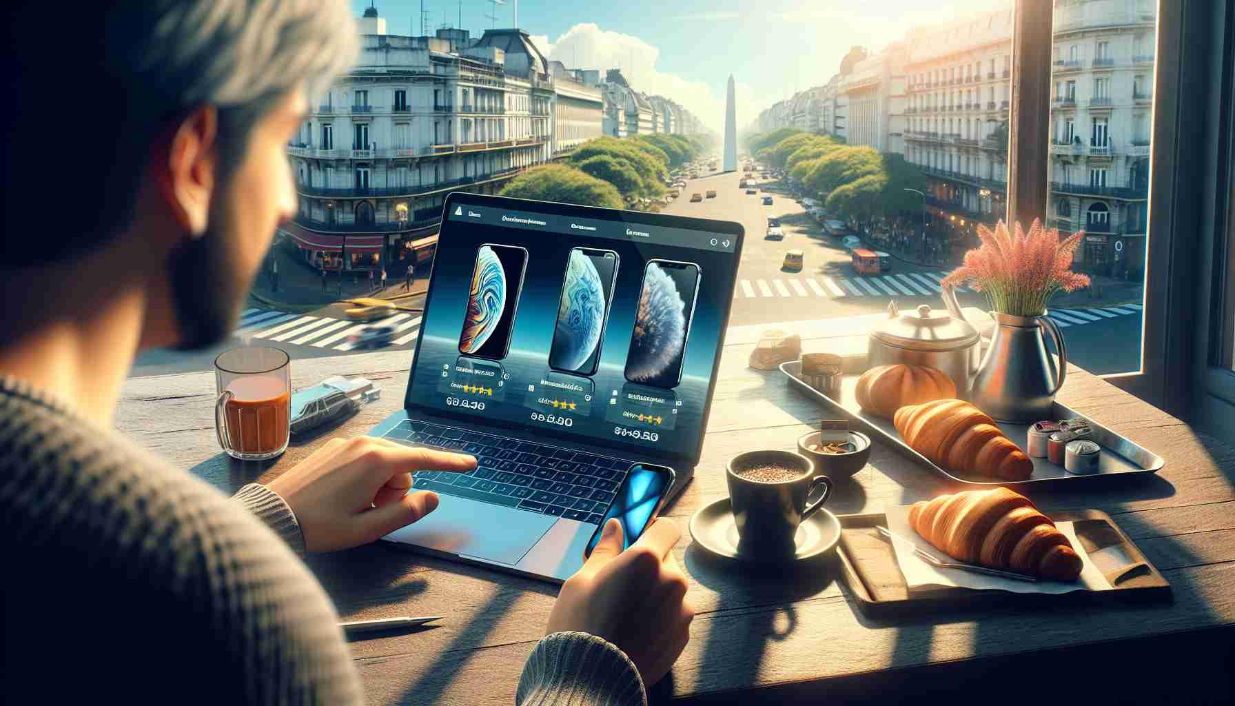 A high-definition, realistic image of a person in Buenos Aires, Argentina as they explore alternatives to purchasing the latest iPhone. They are reviewing different options on their laptop, comparing specifications and prices of various smartphone models. In the background, you can see some iconic elements typically associated with Argentina - a cup of mate, Argentine pastries, and a view of the Plaza de Mayo from the window.