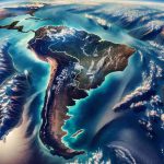 Generate a high-definition, realistic image showcasing the breathtaking view of South America from a bird's eye perspective, reminiscent of the type of imagery produced by NASA.