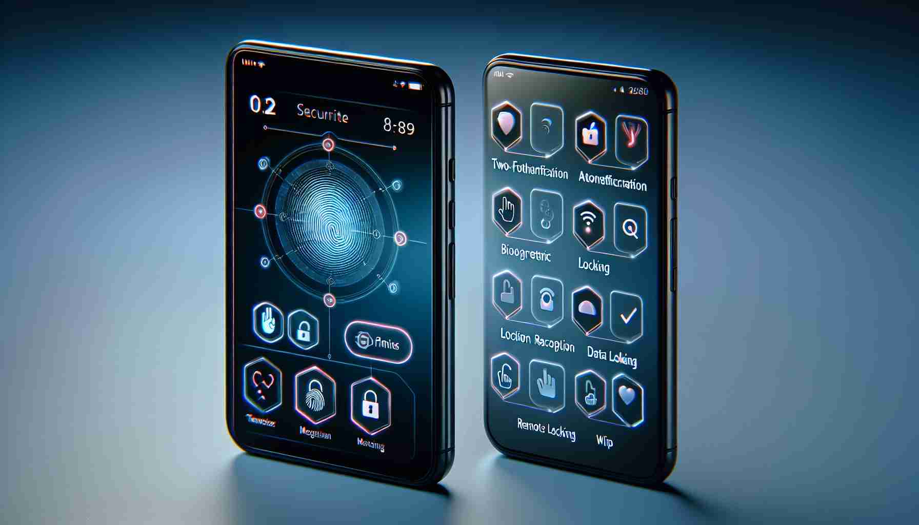 High-resolution, realistic image of a smartphone showcasing its advanced security features. The screen of the phone displays various options for enhancing security such as two-factor authentication, biometric locks like thumb and facial recognition, location-based tracking, remote locking, and data wiping capabilities. The background should be a simple gradient or a clean desk setup to keep the focus on the smartphone and its features.