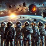 Generate a realistic HD image that portrays the exploration and potential dangers associated with celestial bodies. It may showcase a group of astronauts, each offering a diverse representation of global descents such as Caucasian, Middle-Eastern, Hispanic, Black, and South Asian. They wear highly detailed space suits and carry tools appropriate for cosmic exploration. The scene is set against a backdrop of the vast cosmos with various celestial bodies such as a fiery star, looming asteroids, and distant galaxies, all of which convey the potential threats each heavenly body may pose.