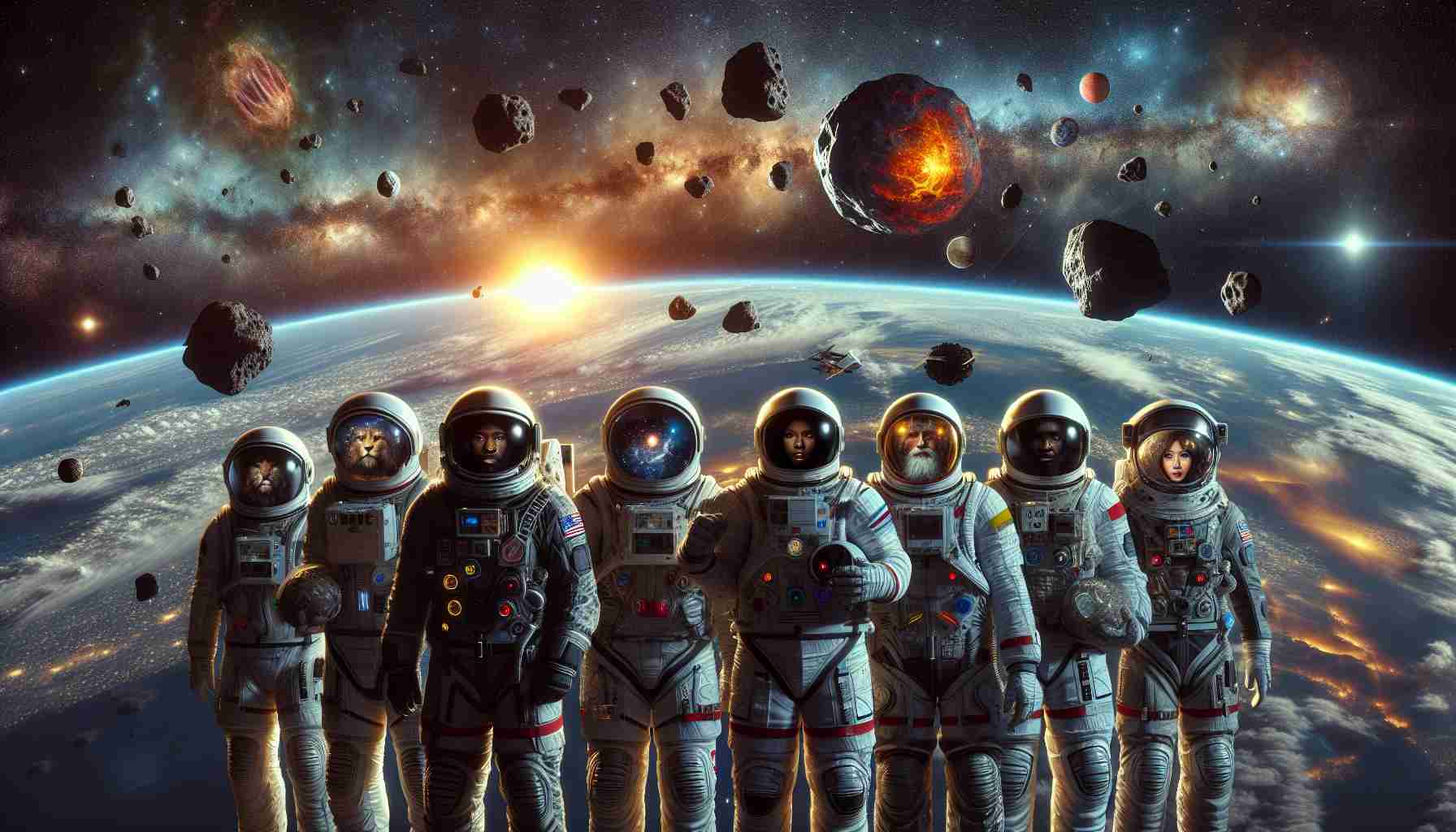 Generate a realistic HD image that portrays the exploration and potential dangers associated with celestial bodies. It may showcase a group of astronauts, each offering a diverse representation of global descents such as Caucasian, Middle-Eastern, Hispanic, Black, and South Asian. They wear highly detailed space suits and carry tools appropriate for cosmic exploration. The scene is set against a backdrop of the vast cosmos with various celestial bodies such as a fiery star, looming asteroids, and distant galaxies, all of which convey the potential threats each heavenly body may pose.