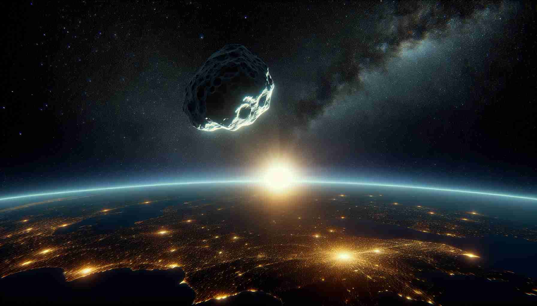 Generate a highly detailed and realistic image of a recently discovered asteroid getting close to Earth. The asteroid should be visible from the Earth's surface and should create a rare and captivating stellar show in the night sky. The asteroid should be glowing against the backdrop of the dark sky, with the Earth's horizon visible at the bottom. Stars should also be scattered across the background. In the foreground, perhaps a silhouetted cityscape or landscape to give a sense of scale to the spectacle.