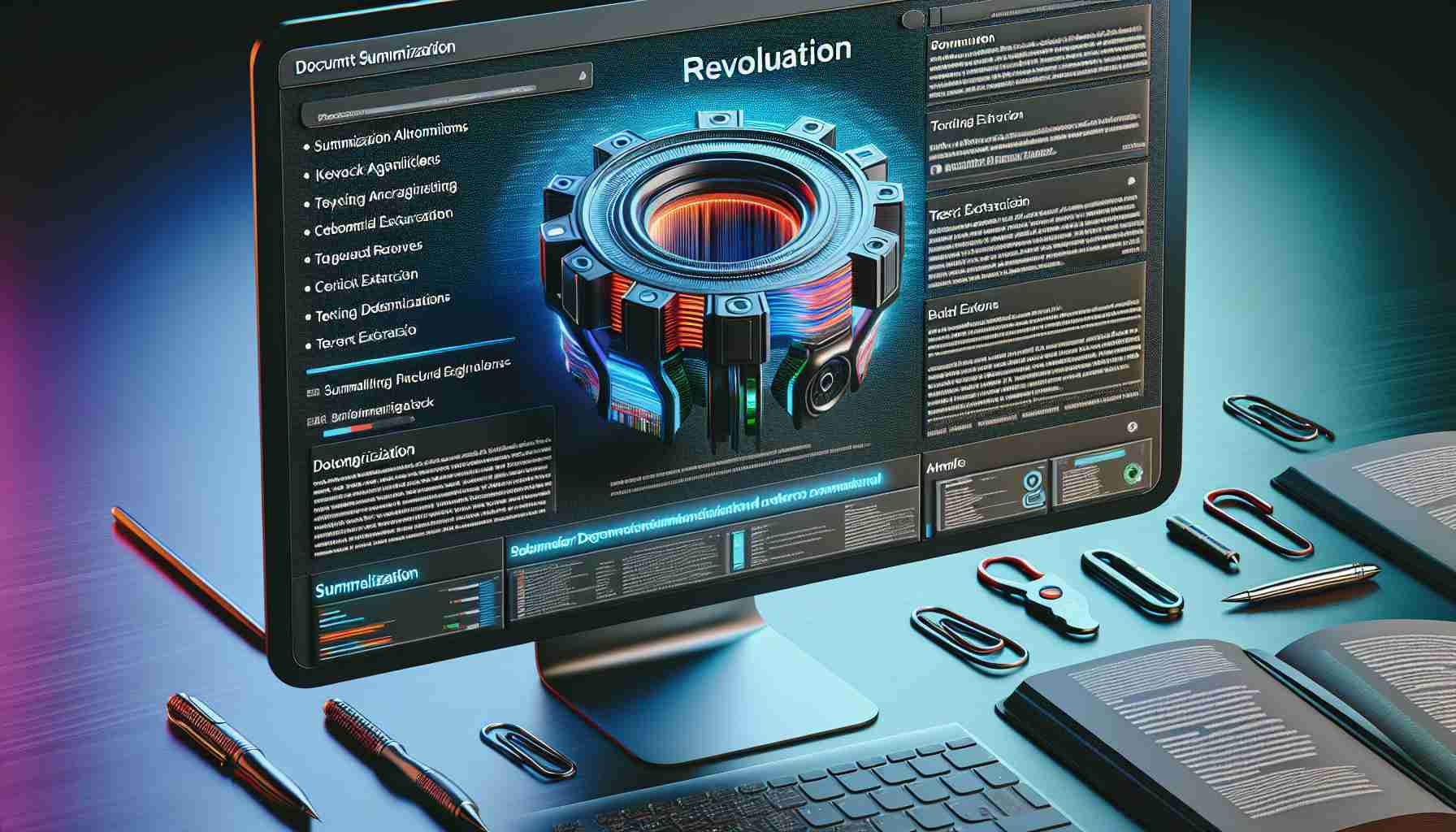 A high-definition, photorealistic image of an innovative tool designed for document summarization. It could be a sleek software interface on a computer screen depicting several features like summarization algorithms, keyword extraction, text extraction, and more. The design should convey a sense of revolution, perhaps through the display of a unique graphical user interface, use of vibrant colours and futuristic elements.