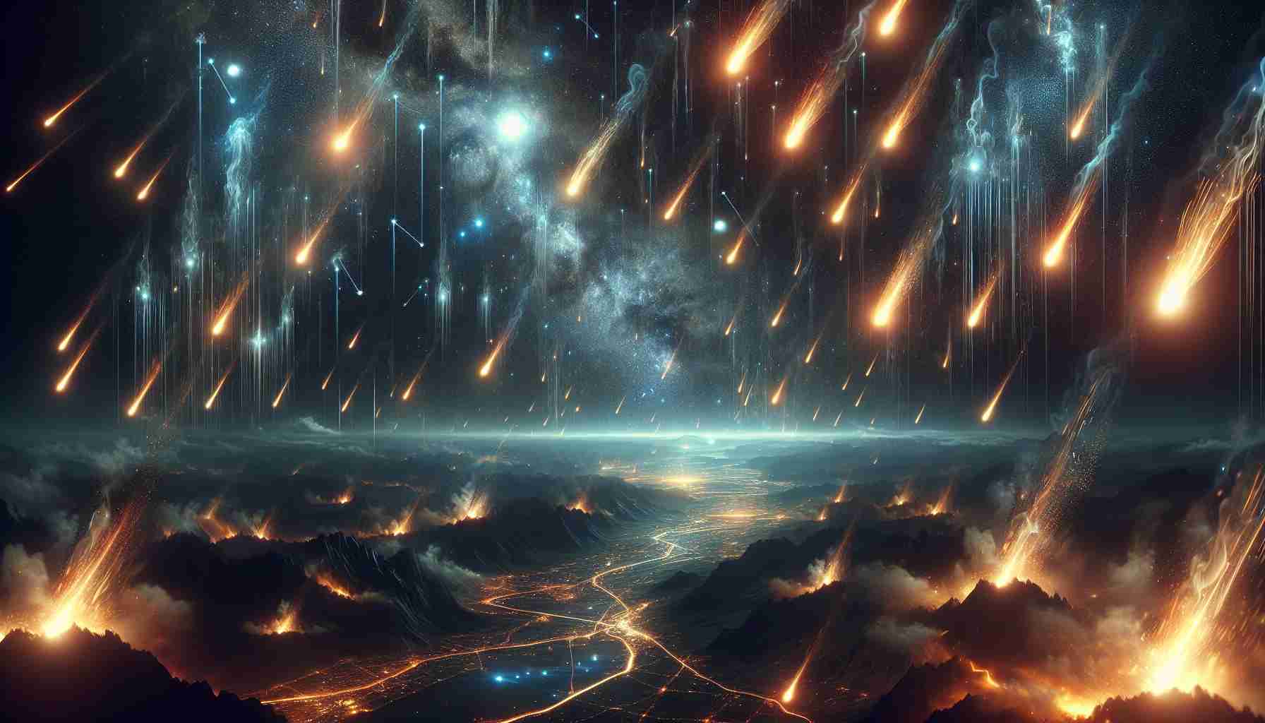 A hyper-realistic, high-definition scene illustrating the mystical experience of a shower of shooting stars. The setting is an expansive, dark night sky adorned with constellations and bright celestial bodies. Huge, fiery meteorites streak across this heavenly canvas, leaving behind glowing trails of cosmic dust. The mystic air is heightened by the gleaming light of the shooting stars illuminating and reflecting off the untouched natural landscape below, its detailed features thrown into relief against the surreal cosmic dance above.