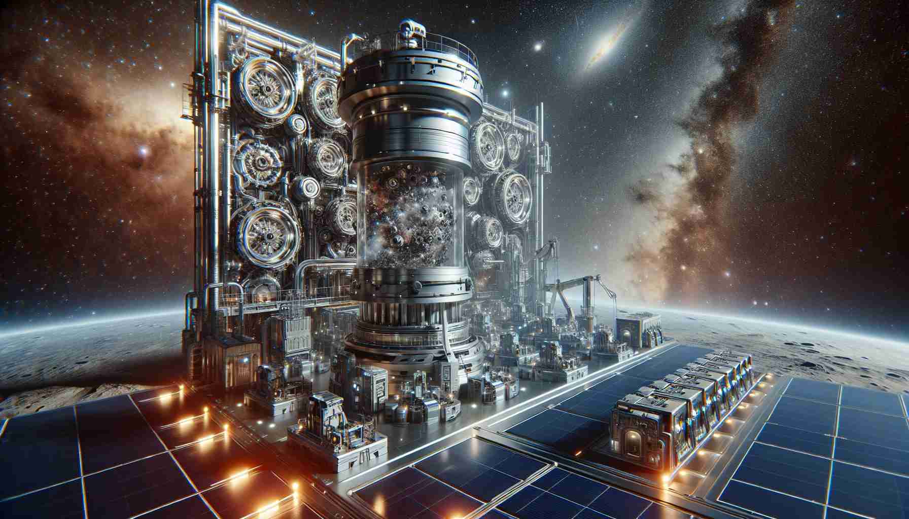 Generate an image of an advanced and innovative system for managing waste in outer space. This should look like a high-definition photograph and as realistic as possible. The scene could include elements of space technology such as complex machinery, intricate containment units, and futuristic tools used to process and repurpose waste materials. The background should mirror the environment of space, complete with stars, planets, and the expansive void. Don't forget to appropriately express the revolutionary nature of this system - it should appear unlike any waste management system we have seen on Earth.