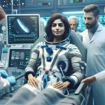 Generate a realistic high-definition image of a successful recovery scene involving an astronaut. This astronaut of South Asian descent and female gender, has just returned from a journey in outer space. She appears healthy and eager, surrounded by a team of medical professionals who are monitoring her vital signs. They are situated in a high-tech recovery room filled with advanced medical equipment designed for post-space flight recovery.