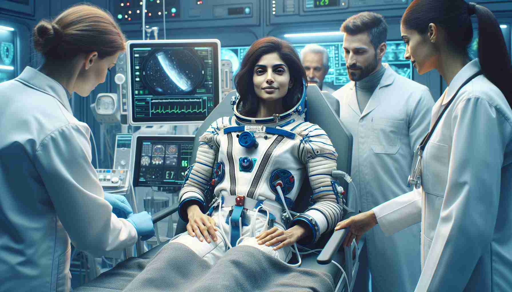 Generate a realistic high-definition image of a successful recovery scene involving an astronaut. This astronaut of South Asian descent and female gender, has just returned from a journey in outer space. She appears healthy and eager, surrounded by a team of medical professionals who are monitoring her vital signs. They are situated in a high-tech recovery room filled with advanced medical equipment designed for post-space flight recovery.