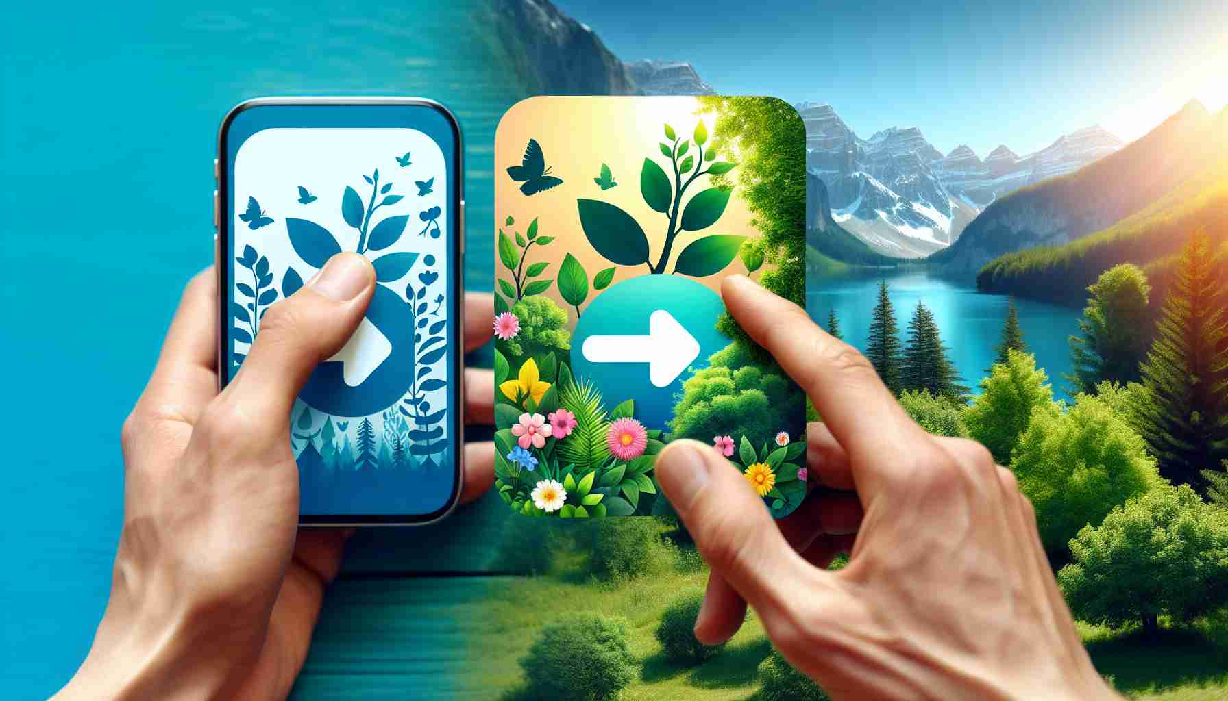 Generate a realistic, high-definition image that illustrates the transformation of a generic messaging app icon to a 'Nature Theme'. The icon should seamlessly incorporate elements of nature like trees, flowers, mountains, and a bright blue or green color palette, reflecting a strong nature influence.