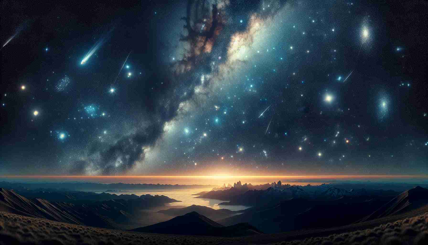 A high-definition, hyperrealistic image depicting an awe-inspiring celestial spectacle unfolding in the skies over Argentina. The scene consists of a radiant array of stars, distant galaxies, and perhaps meteors or constellations, all set against the vast, inky backdrop of the limitless night sky. The landscape below is a silhouette of Argentina's diverse topography, perhaps showing glimpses of the Andes mountains or the Pampas grasslands, all lit subtly by the luminescence of the cosmos above.