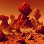 Generate a high-definition, realistic image showcasing a collection of unusual rock formations on the planet Mars. These peculiar formations should look incredibly fascinating and stand out against their surroundings. Observe their unique shapes and sizes, as well as the peculiar patterns they form together. Create an extraterrestrial atmosphere by incorporating a vivid red Martian terrain under a hushed tangerine sky.