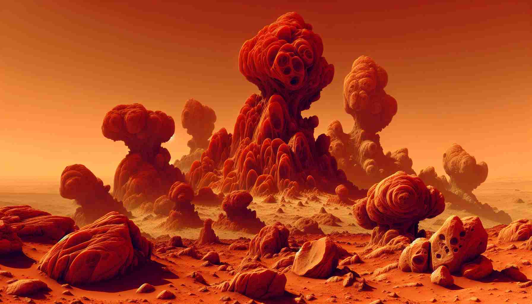 Generate a high-definition, realistic image showcasing a collection of unusual rock formations on the planet Mars. These peculiar formations should look incredibly fascinating and stand out against their surroundings. Observe their unique shapes and sizes, as well as the peculiar patterns they form together. Create an extraterrestrial atmosphere by incorporating a vivid red Martian terrain under a hushed tangerine sky.