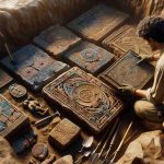 Generate a realistic, high-definition image depicting the discovery of ancient symbolic artifacts. The scene should showcase someone unearthing these relics, which are adorned with intricate symbols and designs. These artifacts include things like painted stone tablets, intricately carved statuettes, and ornate metal jewelry. The person discovering the relics could be an archaeologist of South Asian descent, wearing field attire typical of the profession. The location is a remote archaeological excavation site, surrounded by layers of earth and sediment, and the tools of the trade - brushes, trowels, sieves - are scattered around.