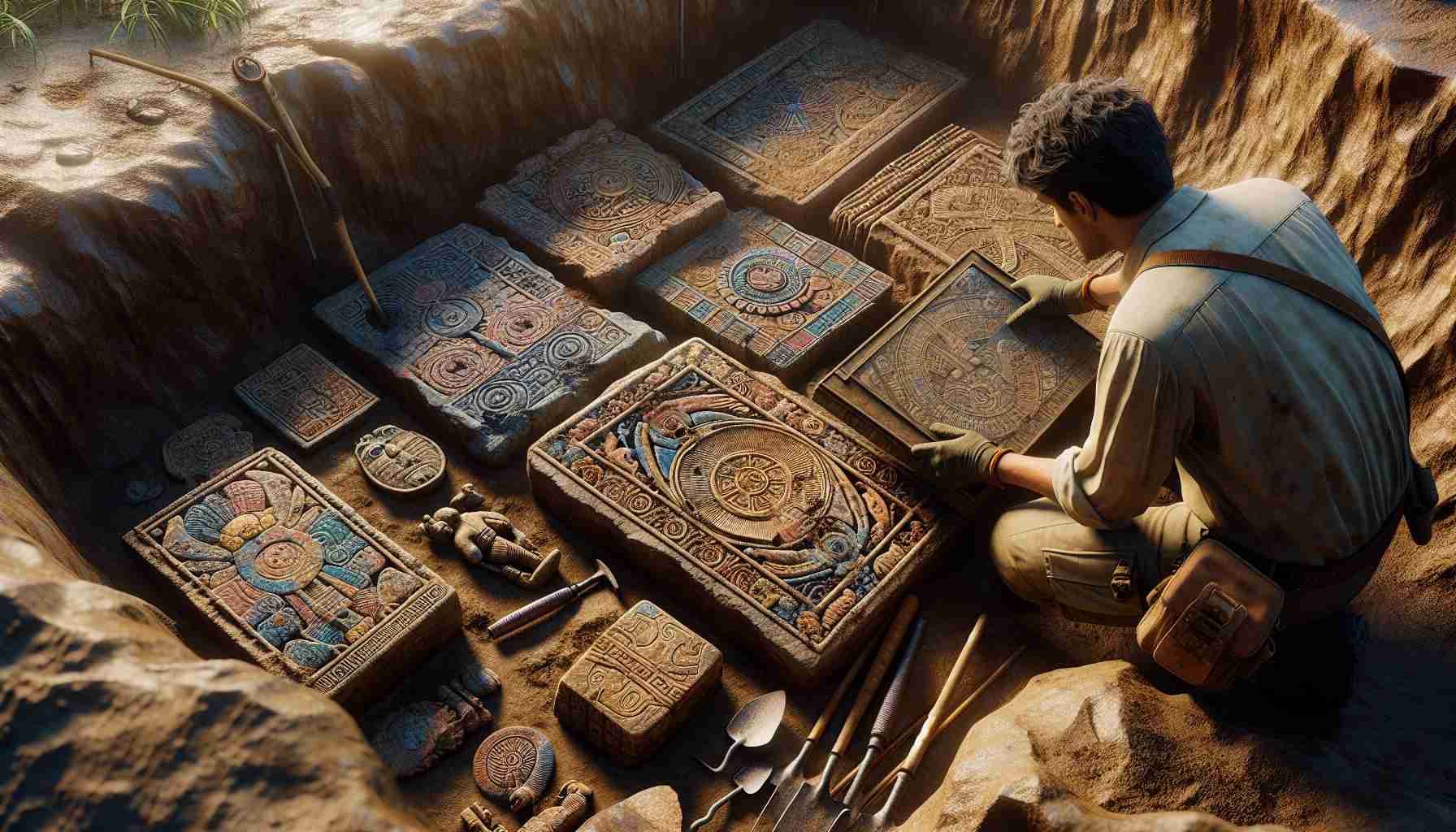 Generate a realistic, high-definition image depicting the discovery of ancient symbolic artifacts. The scene should showcase someone unearthing these relics, which are adorned with intricate symbols and designs. These artifacts include things like painted stone tablets, intricately carved statuettes, and ornate metal jewelry. The person discovering the relics could be an archaeologist of South Asian descent, wearing field attire typical of the profession. The location is a remote archaeological excavation site, surrounded by layers of earth and sediment, and the tools of the trade - brushes, trowels, sieves - are scattered around.