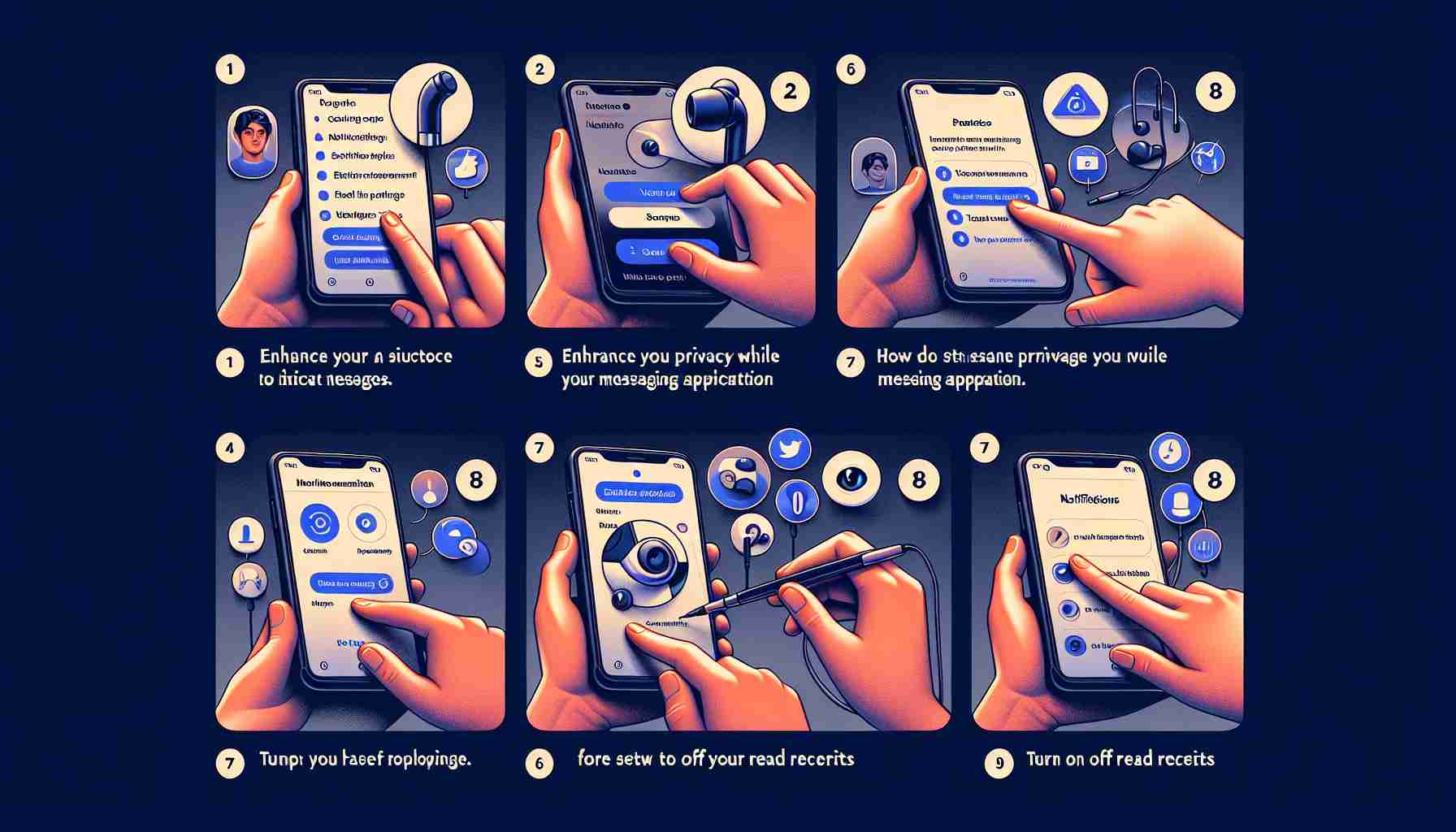 A step-by-step guide visualized in high definition realism on enhancing privacy while listening to messages on a generic messaging application. The first step shows a smartphone screen with the user adjusting settings. The following steps highlight features and practices such as notifications management, usage of earphones and turning off read receipts. The illustration maintains an educational tone with subtlety, focusing on practical, user-friendly elements and demonstrating best practices for maintaining privacy while interacting with messaging apps.