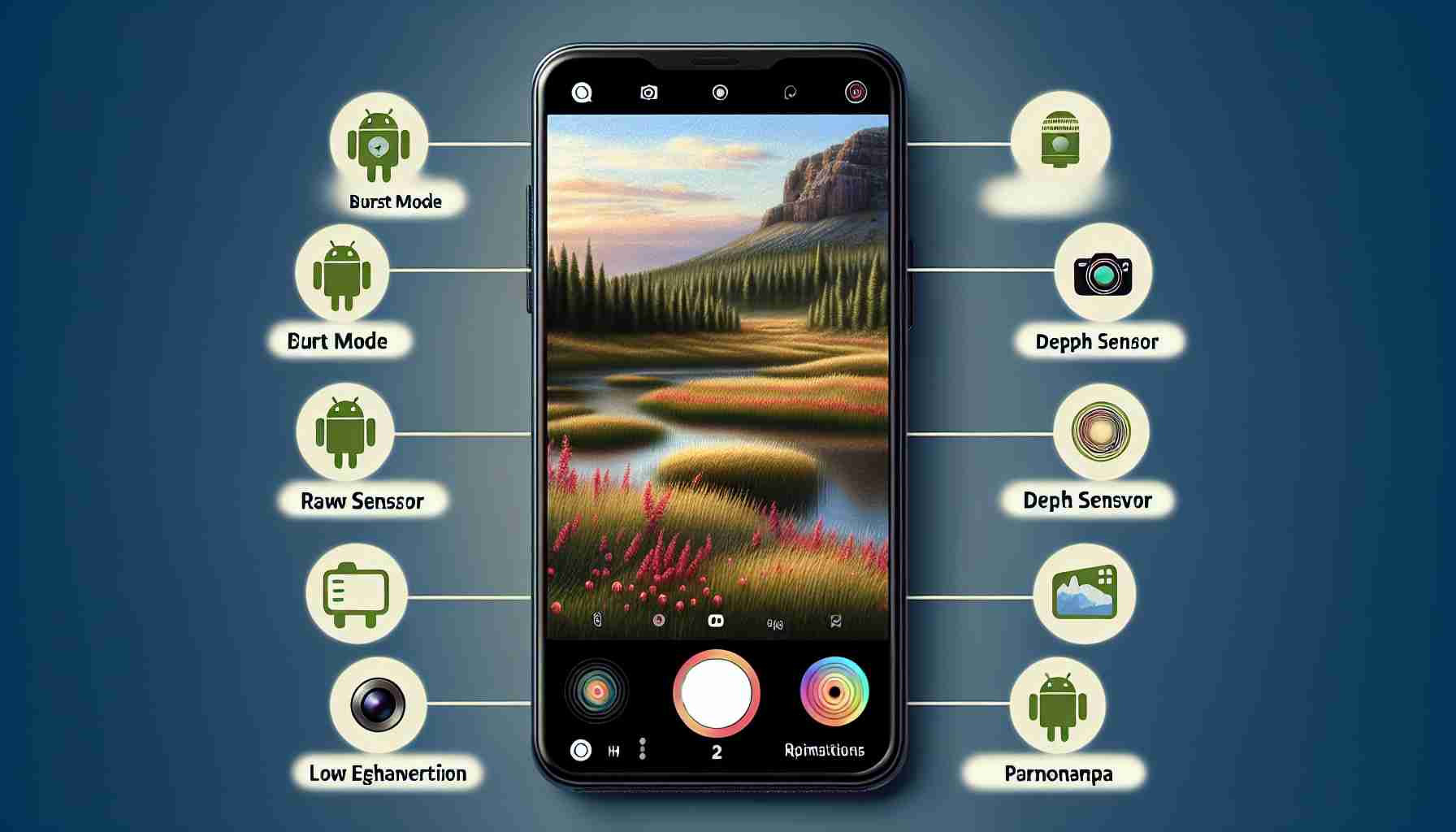 Illustrate a detailed image showcasing the enhanced photography features in a fictional model of an Android smartphone, referred to as 'Android 16'. The image should feature the phone with its back camera activated, showing various icons that suggest pro-grade functionality like burst mode, RAW capture, depth sensor, HDR, panorama, and low light enhancement. The surroundings should present an aesthetically pleasant landscape being photographed by the phone. Optimizations, such as improved autofocus or enriched colors, could be visually represented as part of the device interface or the resulting image on the phone's screen.