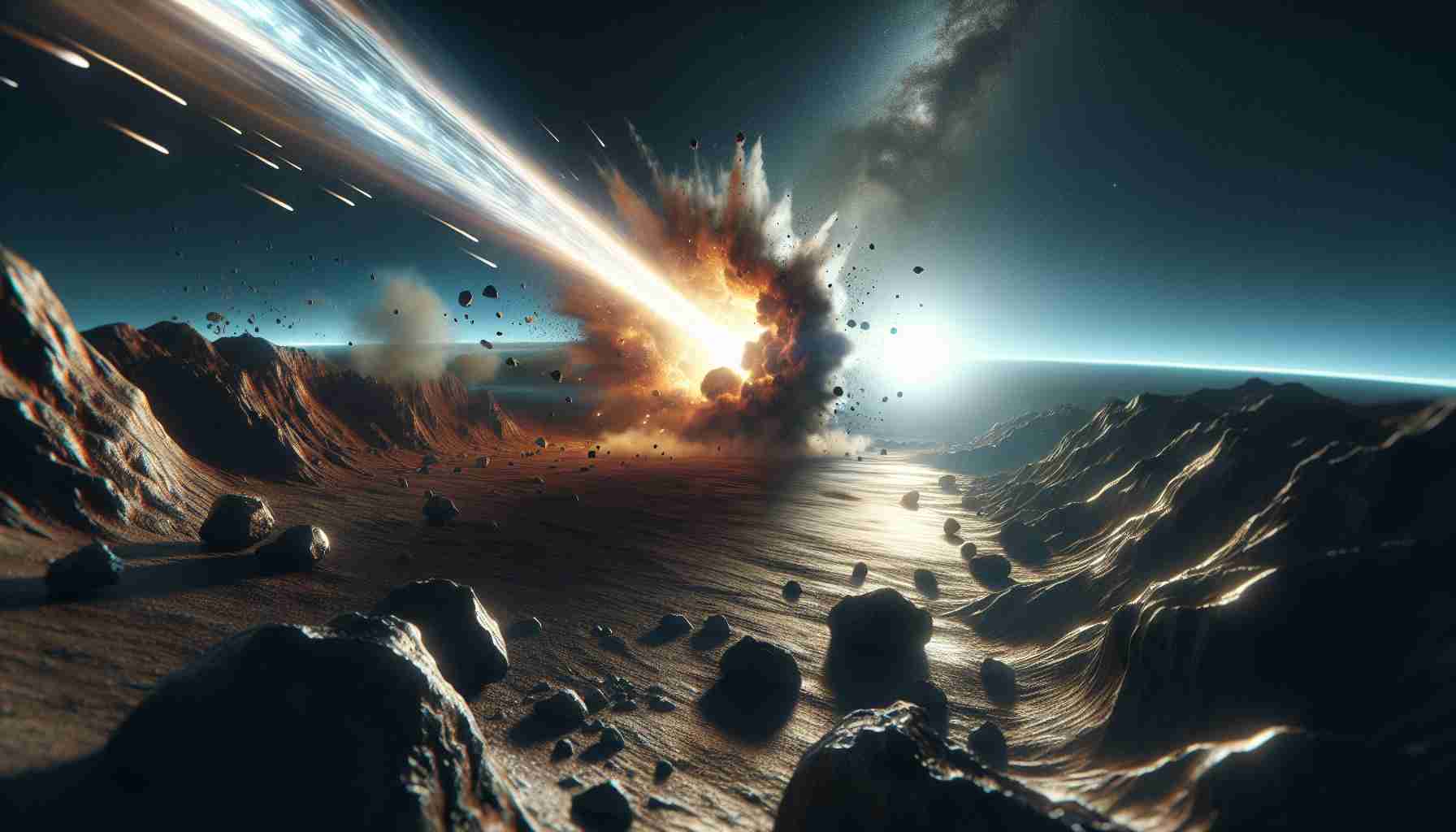 Generate a realistic, high-definition image showcasing the fascinating impact of meteorites on Earth. The scene should depict a large meteorite hurtling through Earth's atmosphere, the glowing trail it leaves behind, and the aftermath as it slams into the terrestrial surface causing a large crater surrounded by displaced earth and rocks. The sky should be ablaze with light from the meteorite, and smoke should be rising from the crater, indicating the magnitude of the impact.