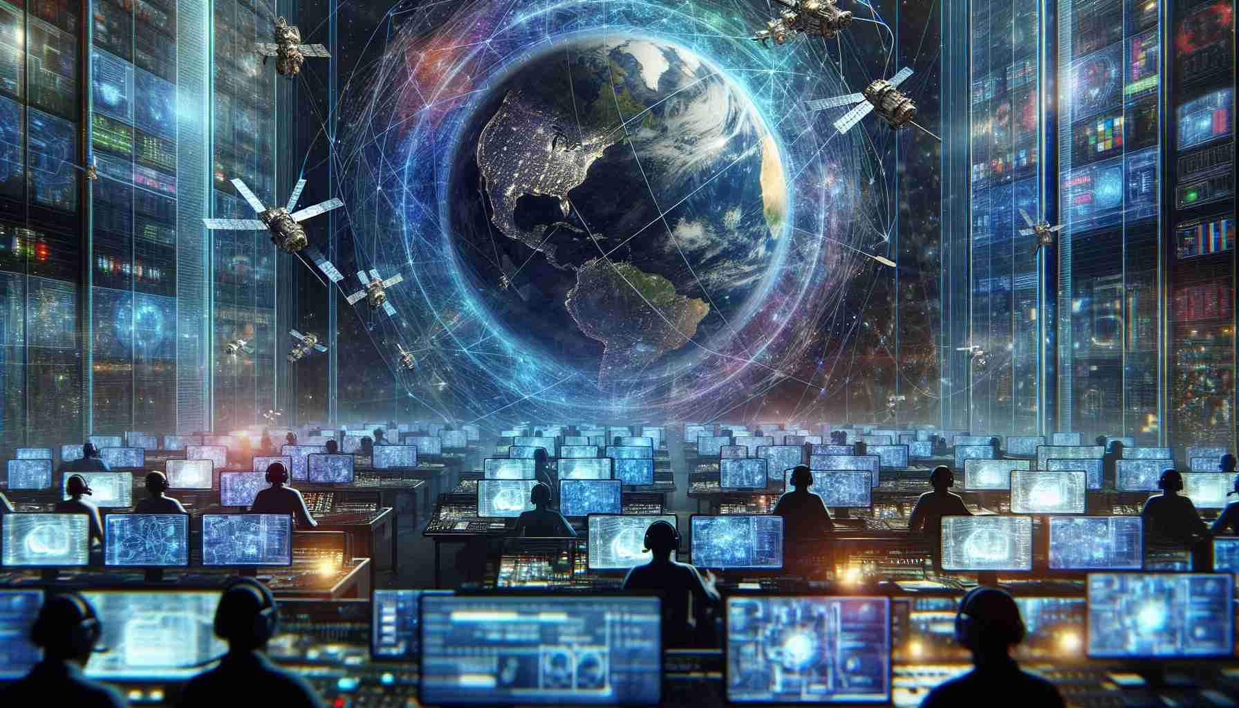 Generate an ultra high-definition image that portrays innovative technology revolutionising space communication. The image should depict a highly sophisticated command center, with operators of various gender and from different descents such as Black, White, Asian, and Hispanic, busy at work. Advanced technology is the highlight of the image, with floating holographic screens exhibiting complex data. In the middle, a three-dimensional projection of Earth communicates a web of intricate signals to multiple satellites that encircle the planet. The reflection of the lenses of the operators illuminates with the vivid colors from the holographic projections.