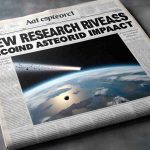 Create a detailed, high-definition digital representation of a newspaper headline reading 'New Research Reveals Second Asteroid Impact'. Imagine the background to feature a partly visible photo of an asteroid trajectory towards Earth. The scene reflects the scientific anticipation and surprise. The paper's name and date are unspecified, lending an element of timeless relevance to the news. The text is bold, black and stands out against the pale newspaper texture. The photo accompanying the headline is a realistic depiction of space with a clear asteroid trail - evidence of a second impact.