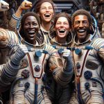 Highly detailed and realistic picture depicting the jubilant return of a multinational astronaut crew after an extended stay in space. The crew consists of a Caucasian female astronaut, Black male astronaut, and a Middle Eastern female astronaut, all exhibiting signs of joy and relief upon their successful return. Ideas of camaraderie and accomplishment are palpable, with their space suits subtly weathered after the long journey. Their faces are lit up with happiness as they celebrate their triumphant return, surrounded by the complex, technological environment of their spacecraft.