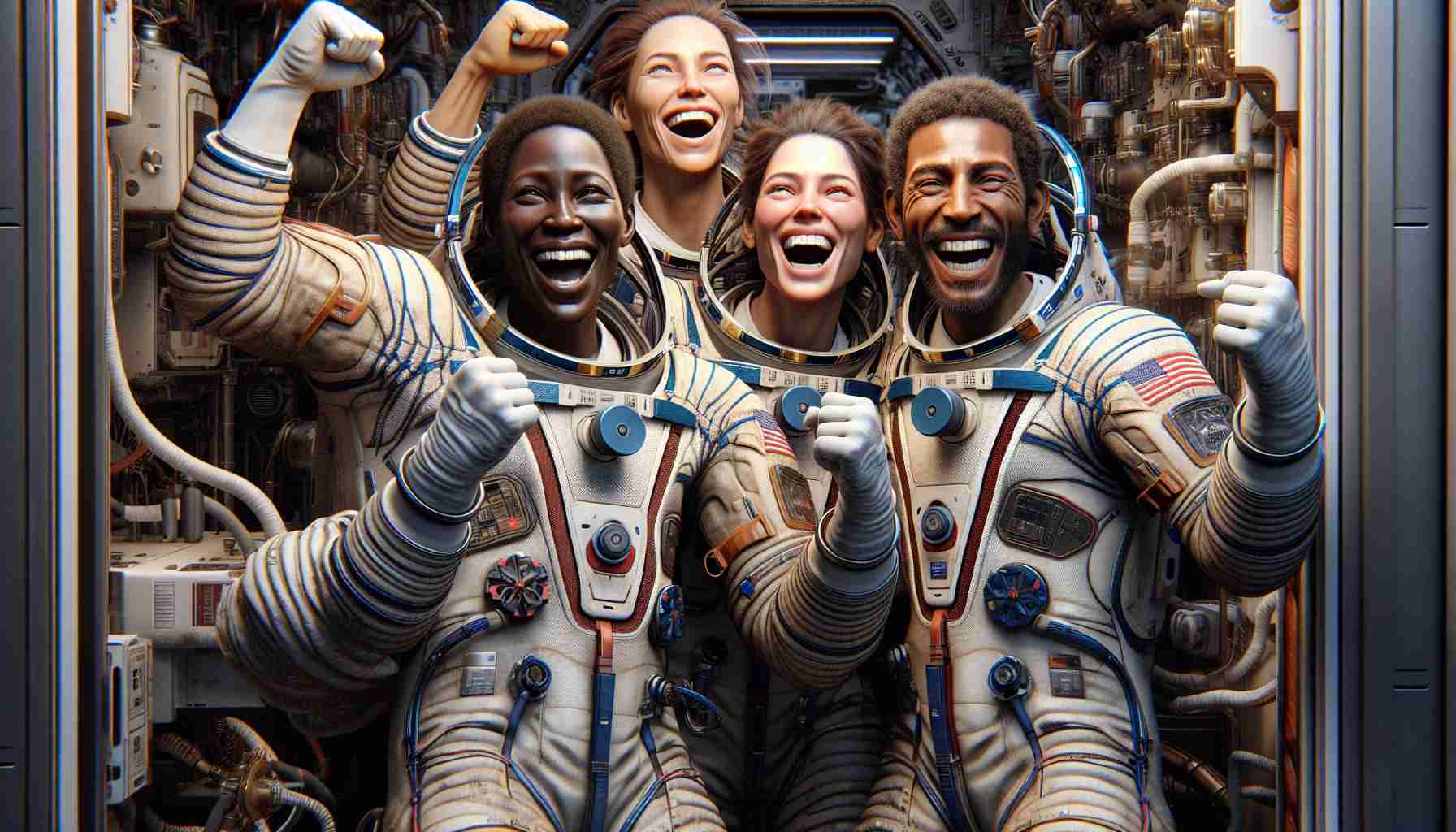 Highly detailed and realistic picture depicting the jubilant return of a multinational astronaut crew after an extended stay in space. The crew consists of a Caucasian female astronaut, Black male astronaut, and a Middle Eastern female astronaut, all exhibiting signs of joy and relief upon their successful return. Ideas of camaraderie and accomplishment are palpable, with their space suits subtly weathered after the long journey. Their faces are lit up with happiness as they celebrate their triumphant return, surrounded by the complex, technological environment of their spacecraft.