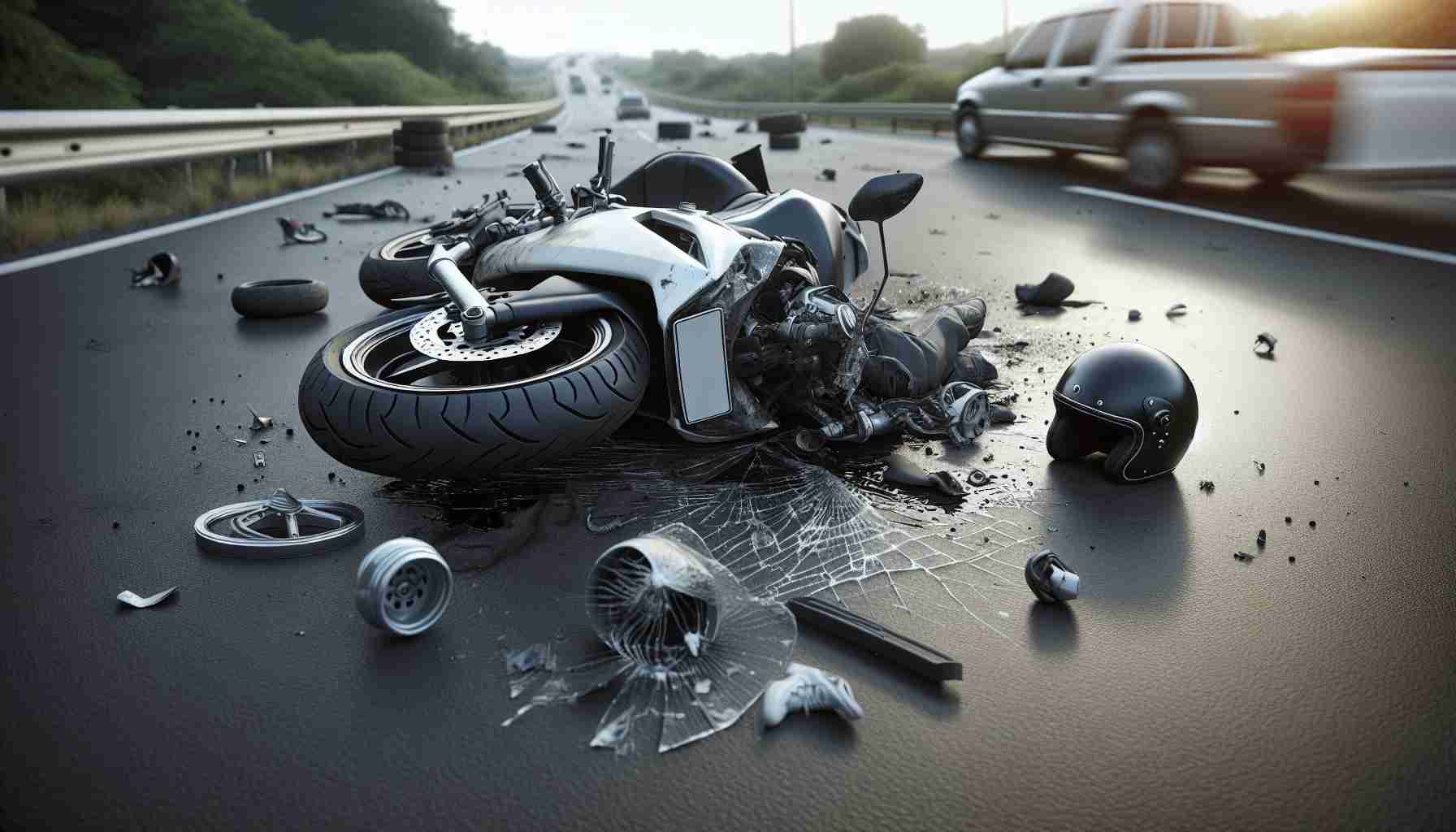 A detailed, high-definition image of a tragic scene of a motorcycle accident. There should be a toppled motorcycle on an empty road and scattered debris around it. Nearby, a fallen helmet should indicate the rider's unfortunate incident. Please do not include any person in the scene to illustrate respect and sensitivity towards the theme. The image should evoke a feeling of sadness and caution for road safety.