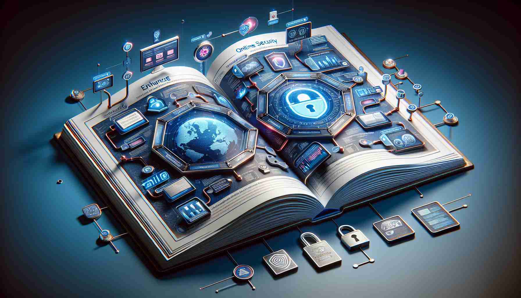 Create a realistically detailed image that embodies the concept of enhancing online security. The main focus is a comprehensive guide represented by an open book, revealing pages filled with infographics and diagrams about secure internet use, data privacy, firewall activation, and encrypted communication. The entire scene should boast a high-definition quality. Please note: the image should not include any specific brands, logos, or identifiable software.