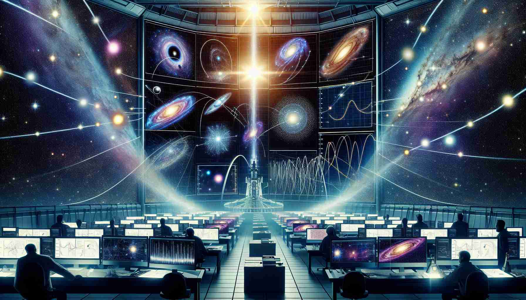 An intricate and realistic high-definition image capturing the essence of a groundbreaking astronomical discovery. The scene shows scientists in an observatory, excitedly looking at data and graphs on their computers screens. Each screen displays different cosmic bodies and galaxies, with lines and dots illustrating the trajectory and speed of their movement, representing the concept of cosmic expansion. Rays of distant stars and galaxies illuminate the room, suggesting the vastness of the cosmos. The colors are dominated by dark shades of blue, black, and purple speckled with bright white and yellow points representing stars and galaxies. The whole image emanates a sense of awe-inspiring mystery and revelation.