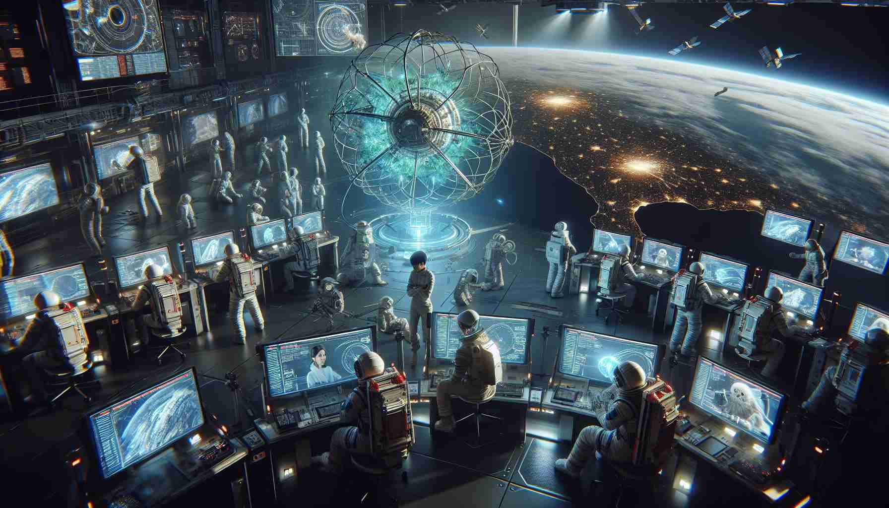 An HD picture conveying a scene of innovative solutions for space waste management. It illustrates a team of space scientists, diverse in gender and descent including Caucasian, Hispanic, and Middle-Eastern individuals, working at a space station orbiting Earth. They are engaged in deploying an intricate device designed to attract and collect space debris. The station's interior is a hive of technological advancements, with various screens displaying live data about the debris collection process, as well as a 3D map of space illustrating debris locations. The Earth illuminates in the background, radiating light onto the vacuum of space.