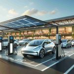 Generate a hyperrealistic, high definition image of an electric vehicle charging station placed strategically at a bustling retail market. The setting is a sunny afternoon and parking slots filled with modern electric cars in the process of recharging. The infrastructure is sleek and futuristic, showing solar panels on top for energy conservation. The backdrop reveals a successful retail shopping center buzzing with people carrying shopping bags, indicating the high footfall and successful business operations.