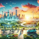 Realistic, vibrant, HD image showcasing the future of sustainable mobility. Depict a glowing city landscape at sunset with plenty of green spaces. Include diverse elements such as solar panels, wind turbines, electric vehicles charging at the stations, and individuals of varying genders and descents using bicycles and electric scooters. Emphasize the clean sky free from pollution, symbolizing a world powered by renewable resources and flourishing with sustainable lifestyles.