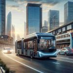 A high-definition, realistic image depicting the future of transportation. The scene showcases a transition to electric buses. The image foreground has an electric bus driving on an urban road with modern buildings on both sides. The bus is sleek and futuristic, with solar panels on the roof, and filled with a diverse range of passengers. In the background, traditional fuel-based buses are gradually disappearing in the rearview mirror, symbolizing the changing face of public transport. There is a clear sky with a hint of a setting sun, indicating a bright future for sustainable transportation.