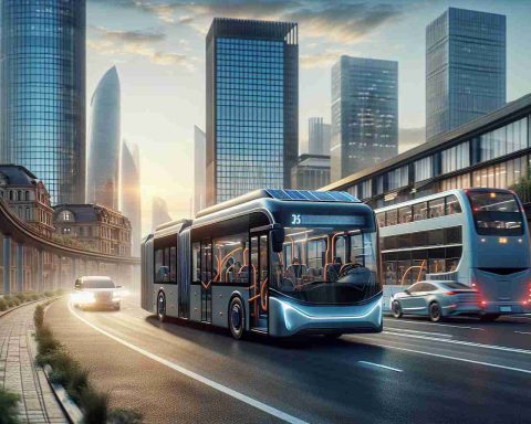 A high-definition, realistic image depicting the future of transportation. The scene showcases a transition to electric buses. The image foreground has an electric bus driving on an urban road with modern buildings on both sides. The bus is sleek and futuristic, with solar panels on the roof, and filled with a diverse range of passengers. In the background, traditional fuel-based buses are gradually disappearing in the rearview mirror, symbolizing the changing face of public transport. There is a clear sky with a hint of a setting sun, indicating a bright future for sustainable transportation.