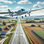 A high resolution, realistic photo depicting the transformation of rural air access through electric aviation. The scene includes an electric plane taking off from a rural airstrip. Surrounding the airstrip are rustic views of farmland and open fields. The plane is cutting-edge, with clear design features indicating it operates on electric power, such as visible battery compartments or the absence of exhaust. It is lifting into a clear blue sky, displaying the possibilities of the future of rural air travel.