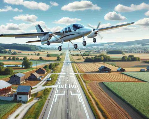 A high resolution, realistic photo depicting the transformation of rural air access through electric aviation. The scene includes an electric plane taking off from a rural airstrip. Surrounding the airstrip are rustic views of farmland and open fields. The plane is cutting-edge, with clear design features indicating it operates on electric power, such as visible battery compartments or the absence of exhaust. It is lifting into a clear blue sky, displaying the possibilities of the future of rural air travel.