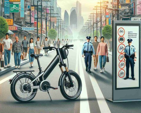 A high-definition, photo-realistic image showcasing the emerging trend of electric bikes. The picture should feature an electric bike in the foreground and a street scene in the background. On one side of the street, a safety poster presenting regulations for e-bike usage should be visible, while on the other side, a uniformed officer could be seen enforcing these rules. Some pedestrians of varied genders and racial backgrounds could also be included, demonstrating how these safety measures are being adopted by different segments of the population.