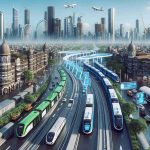 High-definition, realistic image of a futuristic vision of Mumbai's public transport, showing advanced, eco-friendly buses and trains zipping around in a clean and bustling metropolis. The cityscape features iconic elements of Mumbai such as its colonial architecture and bustling markets, while also showcasing futuristic designs such as automated ticketing systems, spacious transit hubs, and hi-tech transport facilities.