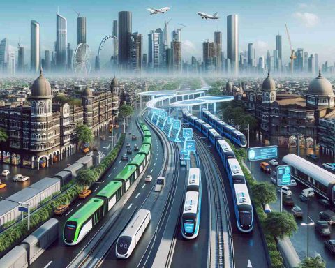 High-definition, realistic image of a futuristic vision of Mumbai's public transport, showing advanced, eco-friendly buses and trains zipping around in a clean and bustling metropolis. The cityscape features iconic elements of Mumbai such as its colonial architecture and bustling markets, while also showcasing futuristic designs such as automated ticketing systems, spacious transit hubs, and hi-tech transport facilities.