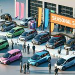 A high-definition, realistic image. The scene portrays an exciting seasonal sale on electric vehicles. There are banners, electric cars of various models and colors lined up, and bright colorful signs announcing great deals. People of diverse descents and gender expressions are present, eagerly exploring the options.