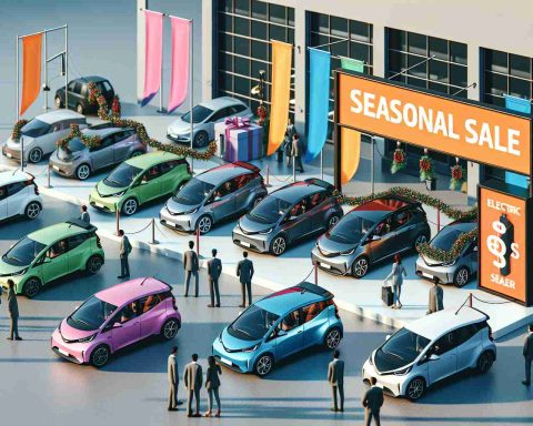 A high-definition, realistic image. The scene portrays an exciting seasonal sale on electric vehicles. There are banners, electric cars of various models and colors lined up, and bright colorful signs announcing great deals. People of diverse descents and gender expressions are present, eagerly exploring the options.