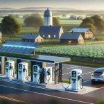 A high-definition, realistic image of an advanced electric vehicle (EV) charging infrastructure in a rural setting in Massachusetts. It should showcase a well-lit charging station with multiple charging stalls, set against a backdrop of verdant fields and traditional farmhouses. The design should incorporate modern technologies like solar panels and digital displays, signifying progress in rural areas. Also include a few electric vehicles of different models being charged at the station to represent diversity among EV users.