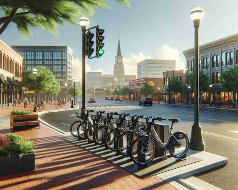 Create a high-definition, realistic representation of the downtown area of a generic city, potentially modeled after typical small American cities. The image should focus on sustainable transportation, with e-bikes as the main element. Imagine a bicycle sharing station featuring a variety of e-bikes lined up, ready for use. The bikes should display modern, trendy designs hinting at the blend of technology and environment-conscious choices. Convertible and dynamic, the e-bikes capture the lively spirit of a transformative downtown. The urban scene in the background should reveal pedestrian-friendly streets, mid-rise buildings, lush trees, and lastly, the bustling life of city denizens of varying genders and descents. Hint at a clear, sunny day to mimic the ambiance of Waco's mild climate.