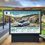 An HD photograph of a large poster displayed in a public setting, featuring new safety guidelines specifically for electric vehicles. The setting should be Derbyshire, a region in England. The poster should consist of clear and concise text along with easily identifiable symbols or illustrations to convey the safety measures. Include the beautiful landscapes of Derbyshire as a background to the poster, showcasing its stunning rolling hills and quaint small cottages.