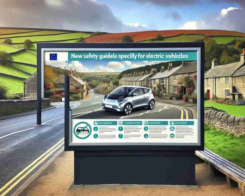 An HD photograph of a large poster displayed in a public setting, featuring new safety guidelines specifically for electric vehicles. The setting should be Derbyshire, a region in England. The poster should consist of clear and concise text along with easily identifiable symbols or illustrations to convey the safety measures. Include the beautiful landscapes of Derbyshire as a background to the poster, showcasing its stunning rolling hills and quaint small cottages.