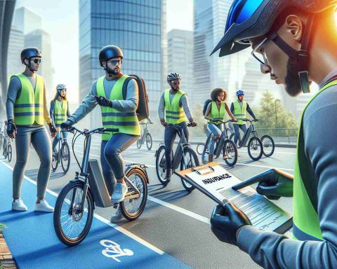 Generate a high definition, realistic image portraying a scene of electric bicycle safety. Include a diverse group of riders wearing protective gear like helmets and high visibility vests. Show them using designated bike paths in an urban environment. Also illustrate a few riders reviewing insurance documents for their e-bikes, suggesting the importance of ensuring insurance coverage.