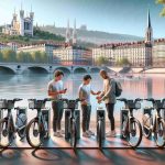 Generate a high-definition, realistic image showcasing the inauguration of a new electric bike share program in Lyon, scheduled for 2025. Portray a cityscape of Lyon as the backdrop, featuring its well-known landmarks like Basilica of Notre-Dame de Fourvière, and Saône River. In the foreground, show a modern charging station with sleek, state-of-the-art electric bikes neatly arranged in a row, ready for use. Also consider featuring people of different descents and genders preparing to use the bikes: a Caucasian man inspecting a bike, a Hispanic woman unlocking a bike with a smartphone and a Middle-Eastern older woman wearing a helmet, ready to embark on her ride.