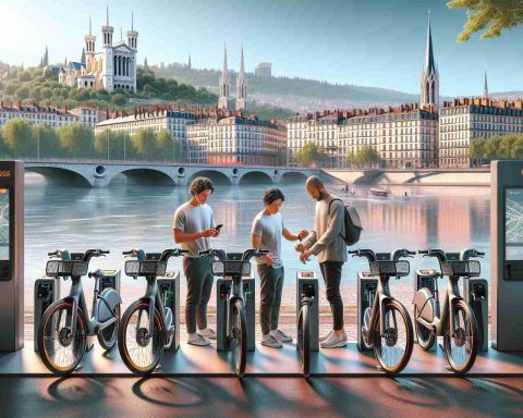 Generate a high-definition, realistic image showcasing the inauguration of a new electric bike share program in Lyon, scheduled for 2025. Portray a cityscape of Lyon as the backdrop, featuring its well-known landmarks like Basilica of Notre-Dame de Fourvière, and Saône River. In the foreground, show a modern charging station with sleek, state-of-the-art electric bikes neatly arranged in a row, ready for use. Also consider featuring people of different descents and genders preparing to use the bikes: a Caucasian man inspecting a bike, a Hispanic woman unlocking a bike with a smartphone and a Middle-Eastern older woman wearing a helmet, ready to embark on her ride.